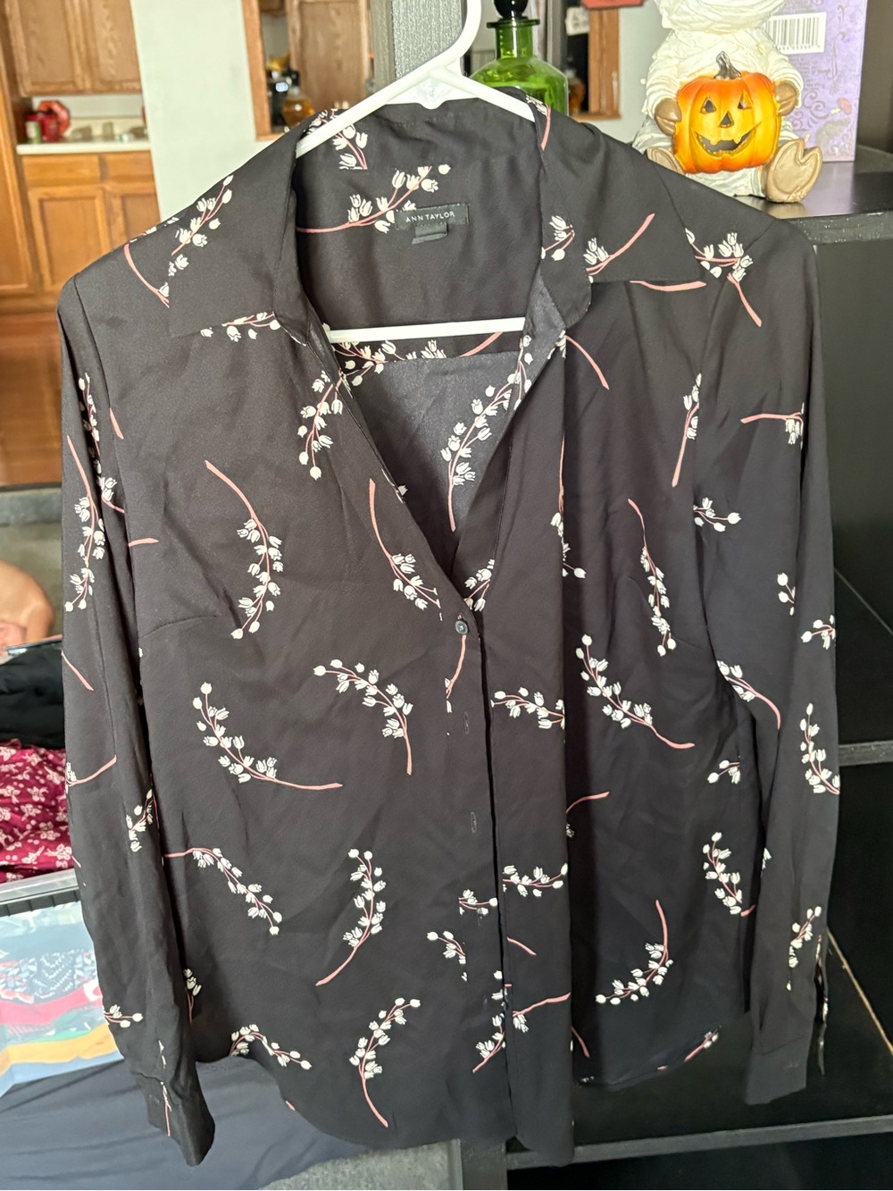 Ann Taylor Black Floral Button-Down Shirt with Pink Stem Accents